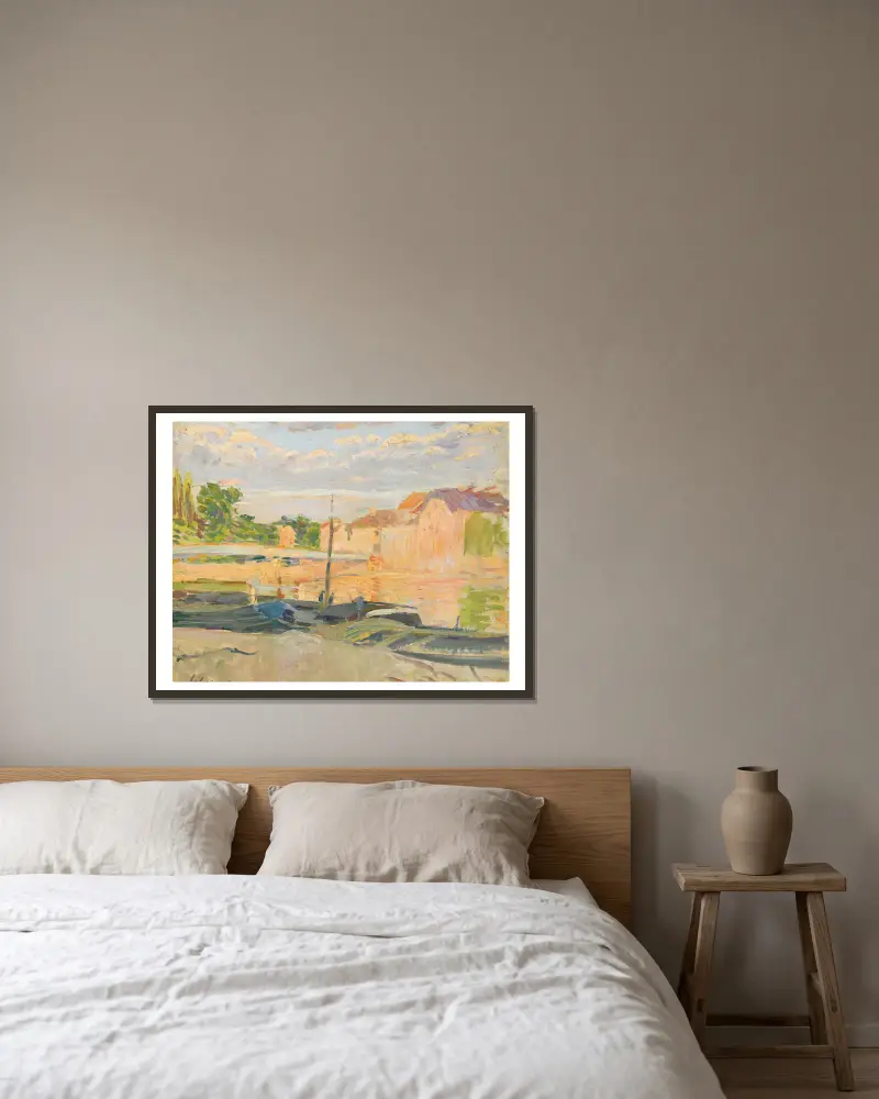 Péniches Au Bord De La Marne av Henri Lebasque inramad på en vägg