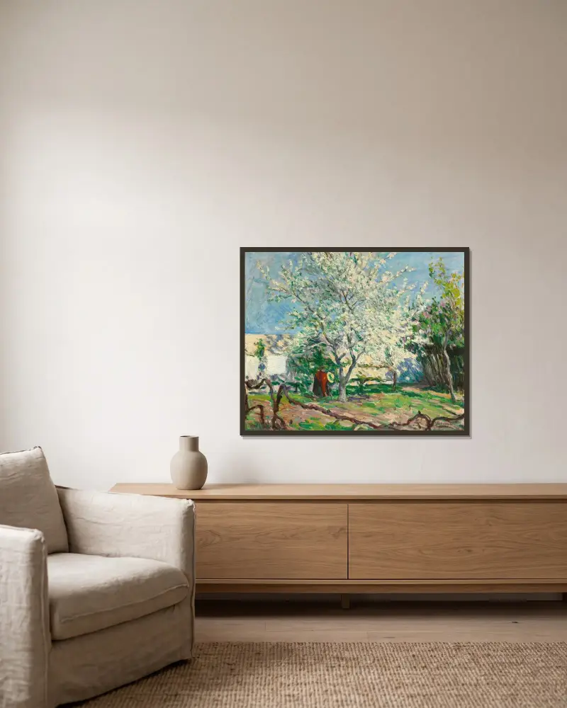 Blommande äppelträd av Henri Lebasque inramad på en vägg
