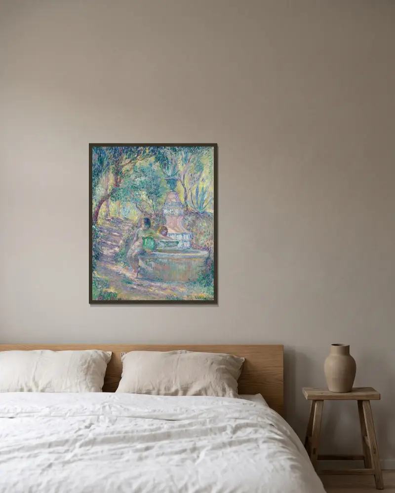 Saint-Tropez, två unga flickor vid fontänen av Henri Lebasque inramad på en vägg
