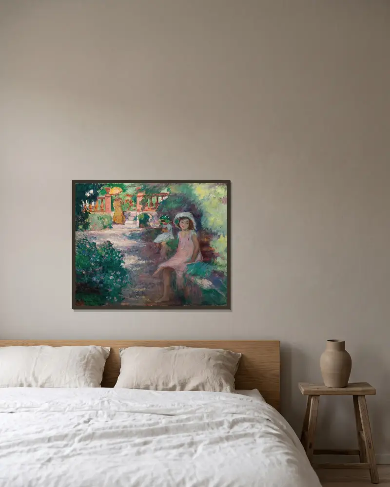 Under mimosorna (konstnärens döttrar) av Henri Lebasque inramad på en vägg