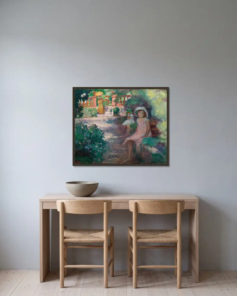 Under mimosorna (konstnärens döttrar) av Henri Lebasque inramad på en vägg