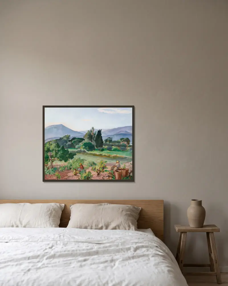 Skörd i Faron-dalen av Henri Lebasque inramad på en vägg