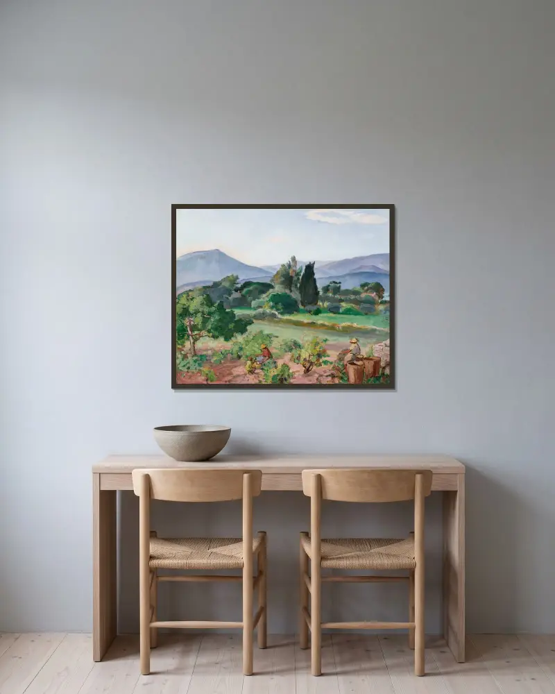 Skörd i Faron-dalen av Henri Lebasque inramad på en vägg