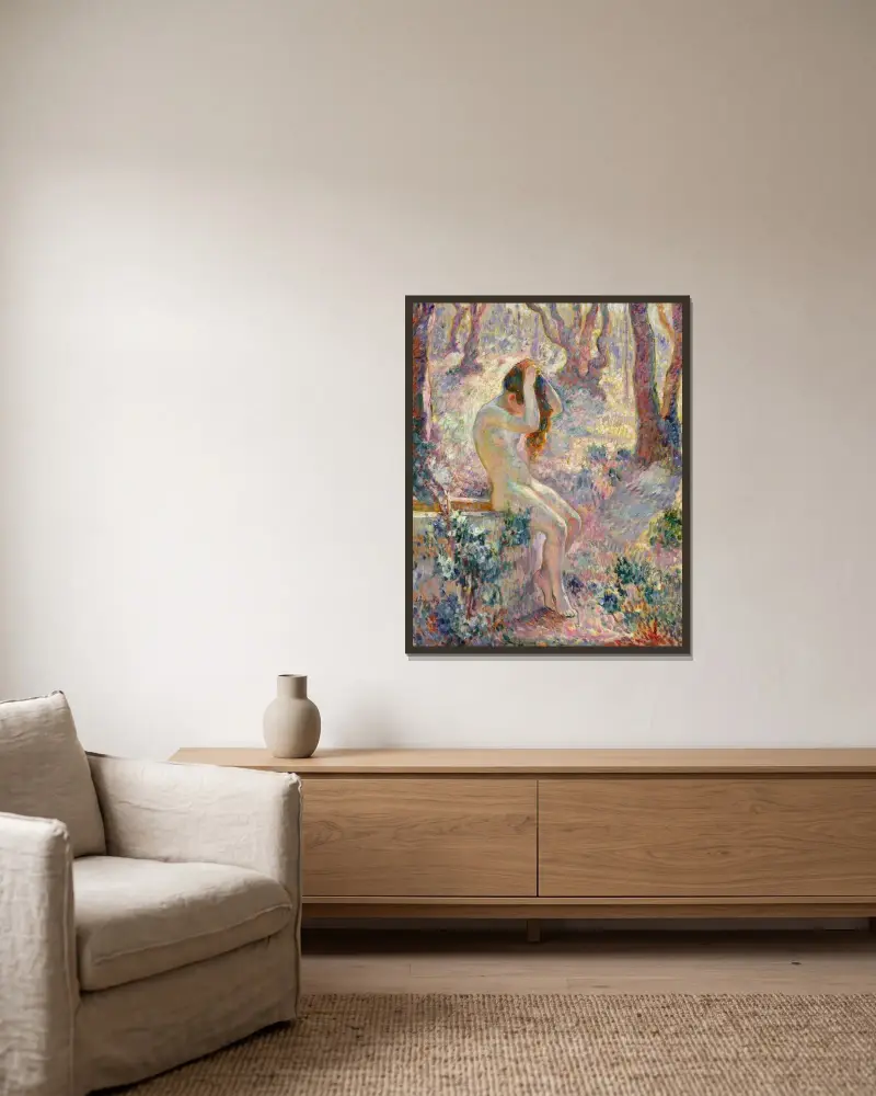 Ung naken kvinna sittande på kanten av en brunn av Henri Lebasque inramad på en vägg