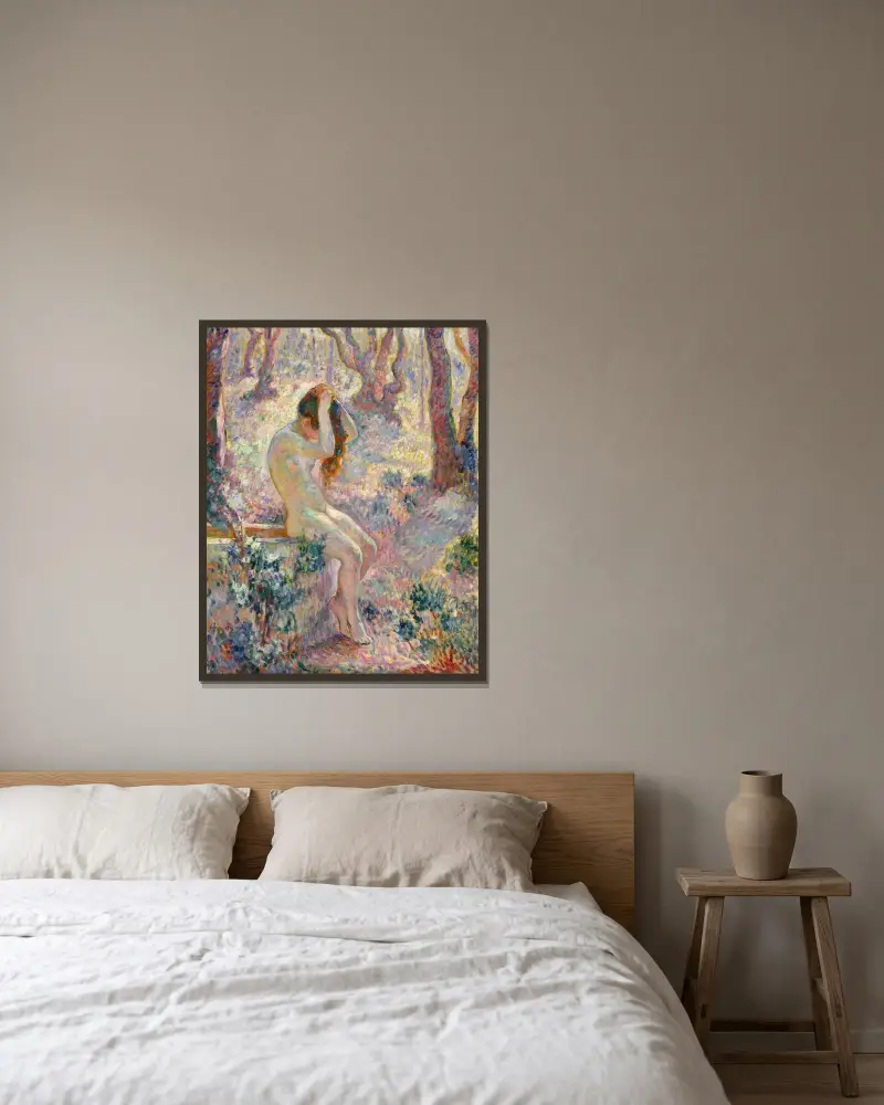 Ung naken kvinna sittande på kanten av en brunn av Henri Lebasque inramad på en vägg