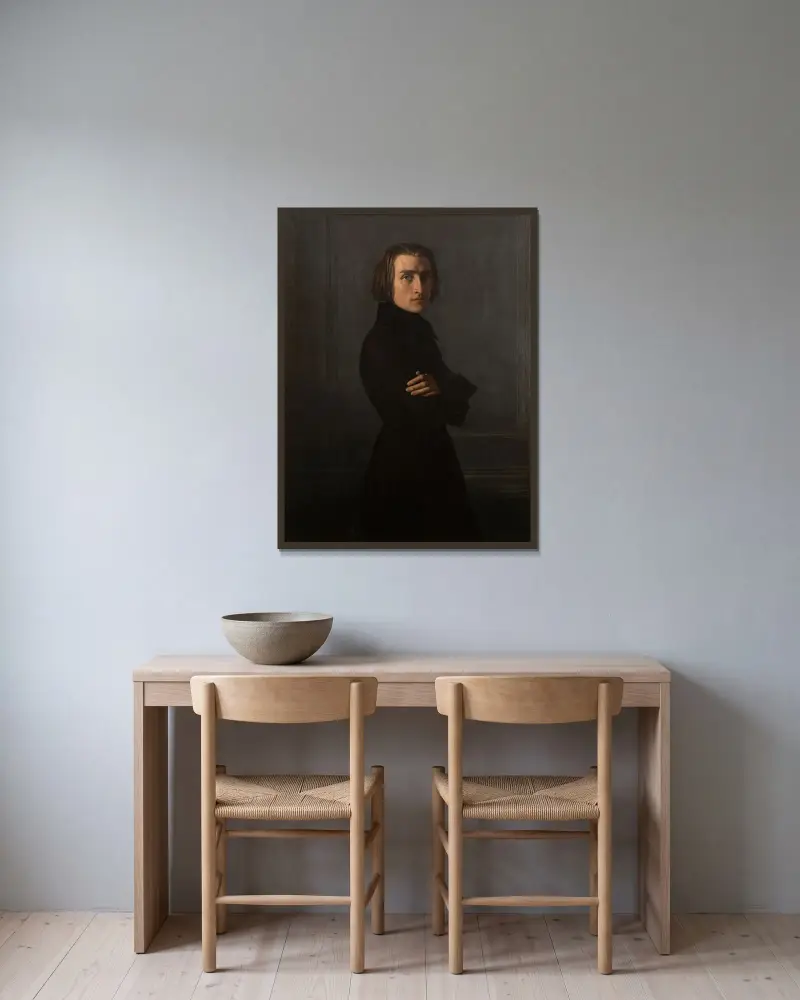 Porträtt av Franz Liszt (1811–1886), kompositör och pianist av Henri Lehmann inramad på en vägg