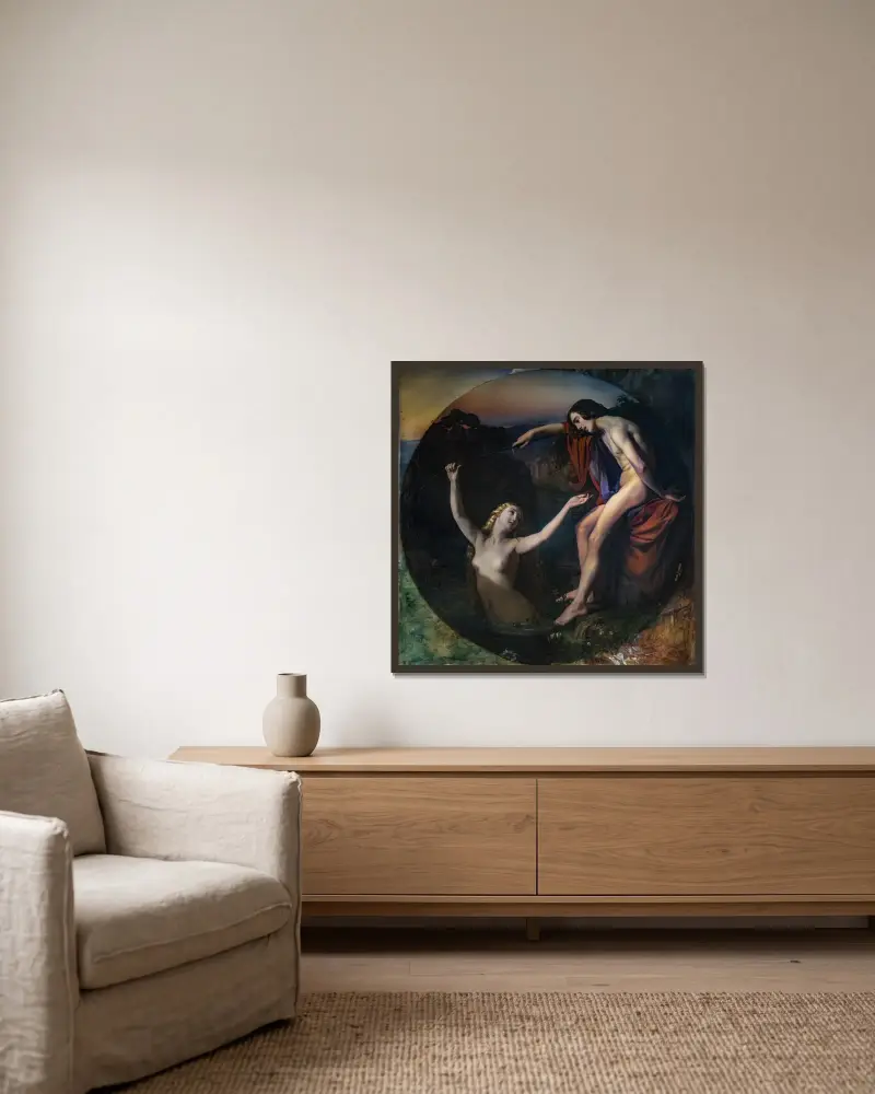 Der Fischer und die Nymphe von Henri Lehmann gerahmt an einer Wand
