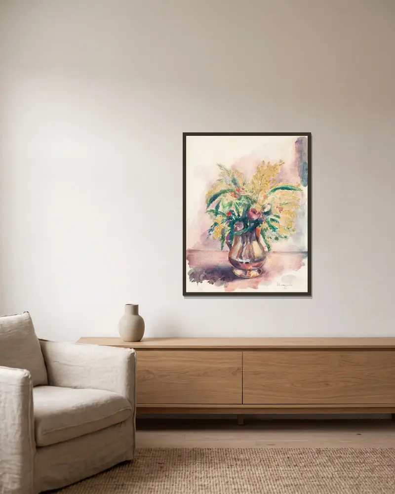 Anemoner och mimosa av Henri Manguin inramad på en vägg