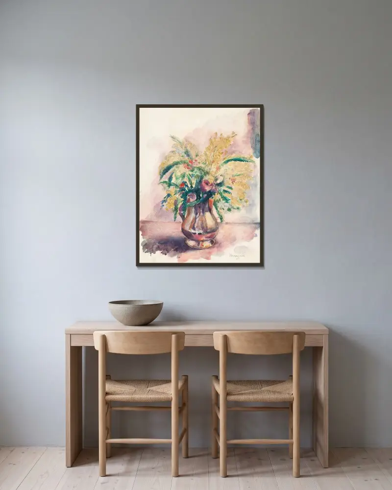 Anemoner och mimosa av Henri Manguin inramad på en vägg