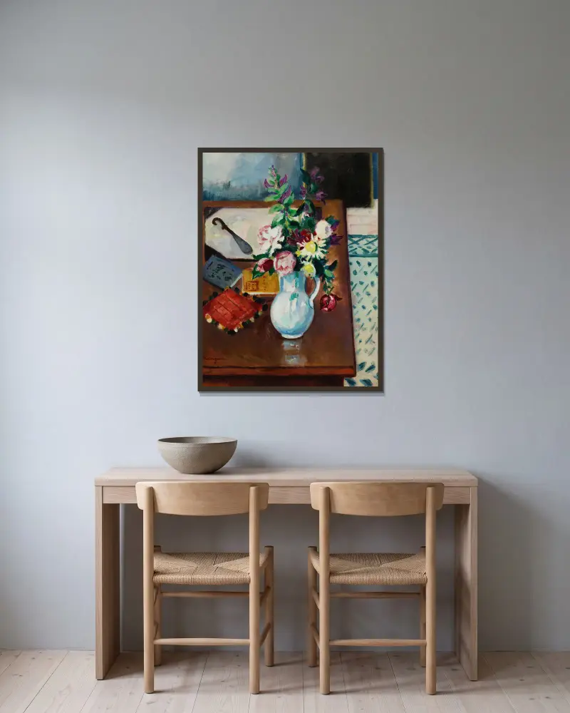 Coin de table, fleurs roses av Henri Manguin inramad på en vägg