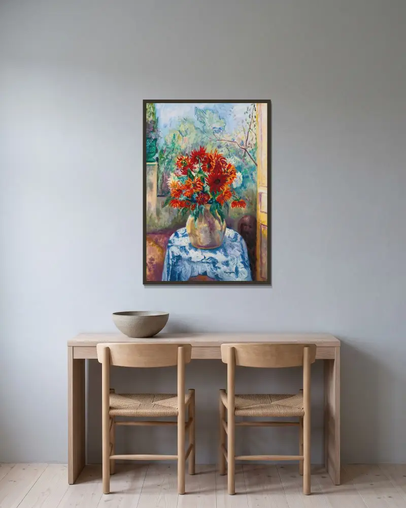 Dahlior på terrassen vid L'Oustalet, Saint-Tropez av Henri Manguin inramad på en vägg