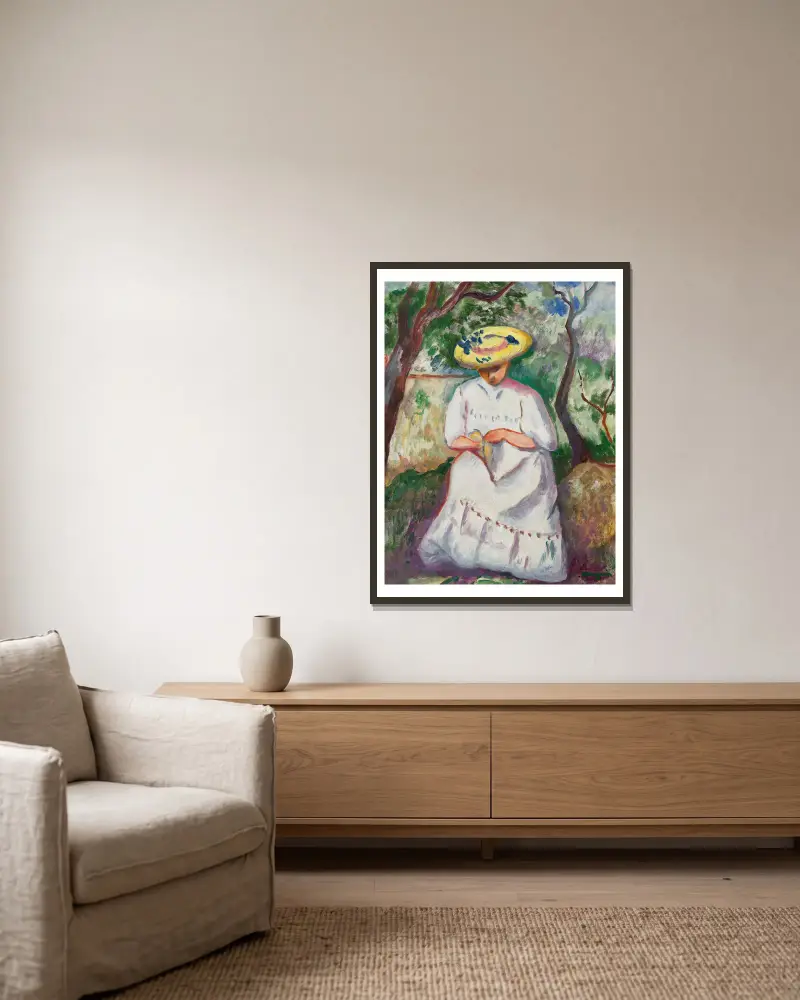 Jeanne cousant sous un chêne-liège, Villa Demière av Henri Manguin inramad på en vägg