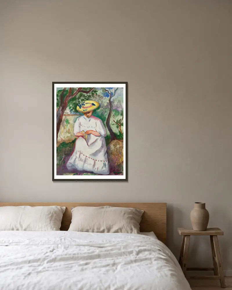 Jeanne cousant sous un chêne-liège, Villa Demière av Henri Manguin inramad på en vägg