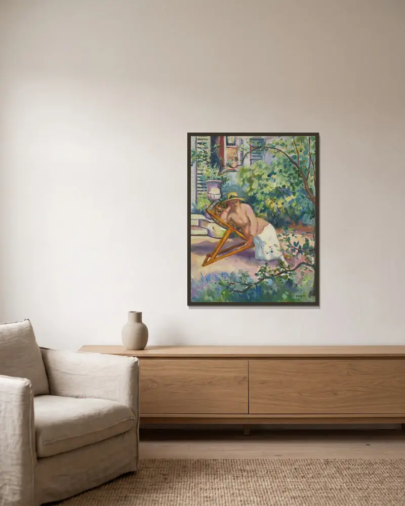 Jeanne dans le jardin de Neuilly av Henri Manguin inramad på en vägg