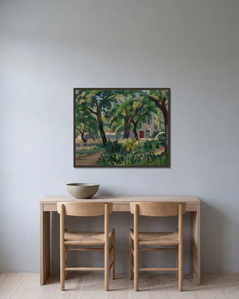 Huset i skogen, Saint-Tropez av Henri Manguin inramad på en vägg