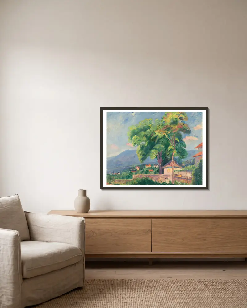 Les arbres à Colombier av Henri Manguin inramad på en vägg