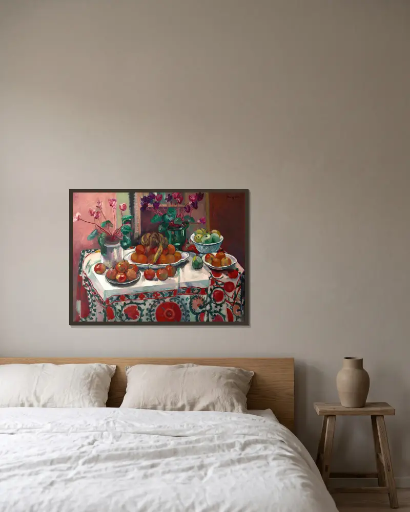 Nature morte aux cyclamens av Henri Manguin inramad på en vägg