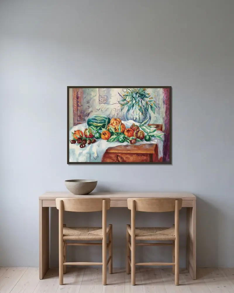 Stilleben med granatäpplen av Henri Manguin inramad på en vägg
