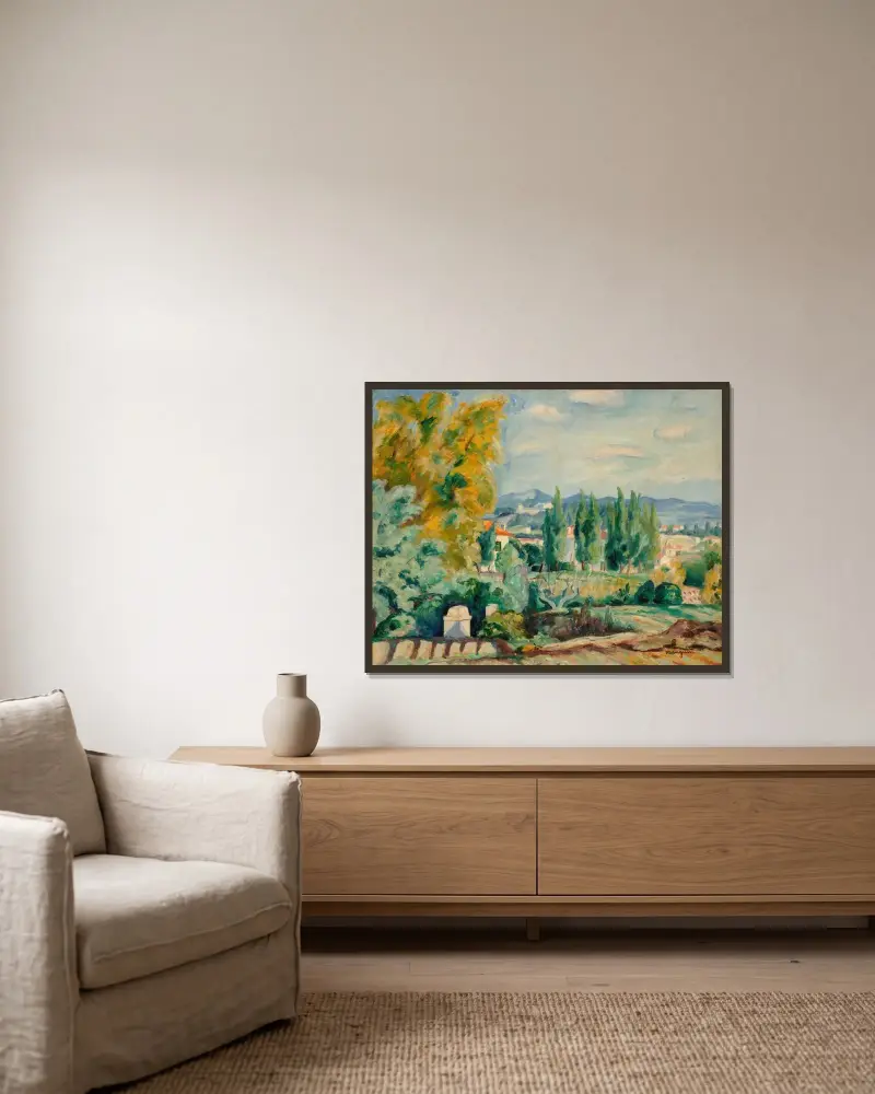 Höstlandskap i trakten av Saint-Tropez av Henri Manguin inramad på en vägg