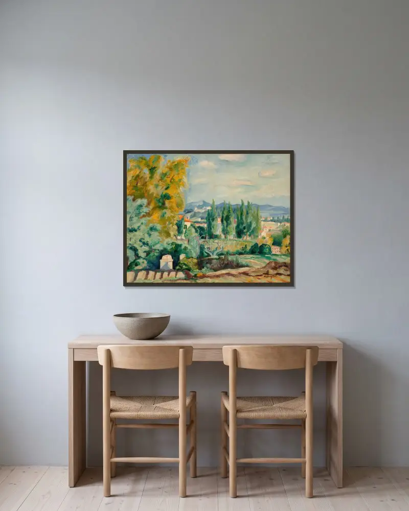 Höstlandskap i trakten av Saint-Tropez av Henri Manguin inramad på en vägg