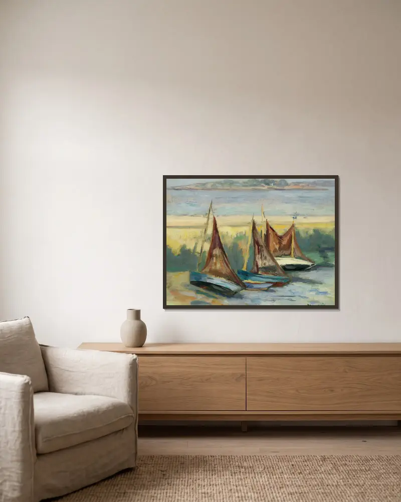 Voiliers à marée basse av Henri Manguin inramad på en vägg