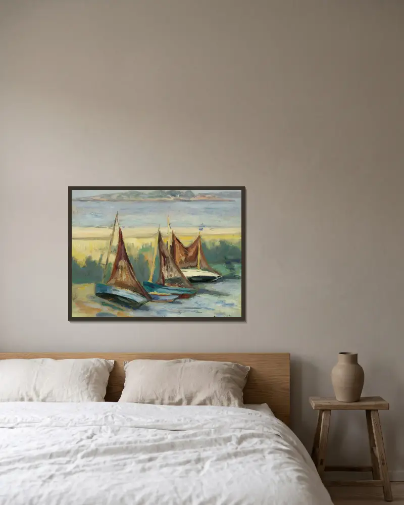 Voiliers à marée basse av Henri Manguin inramad på en vägg