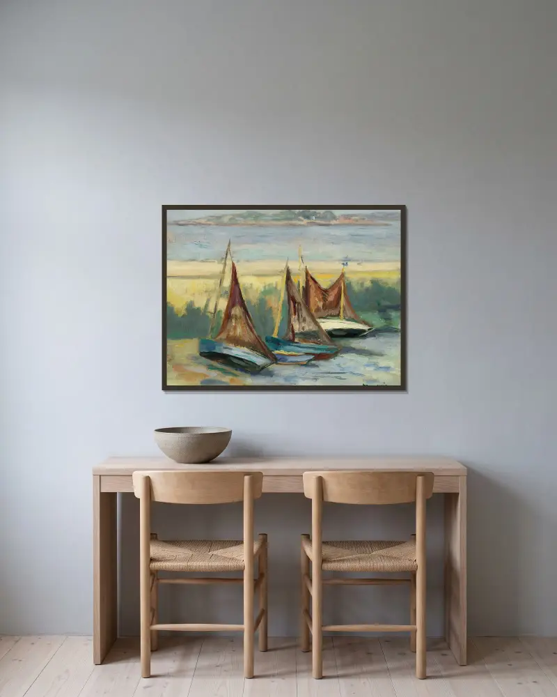 Voiliers à marée basse av Henri Manguin inramad på en vägg