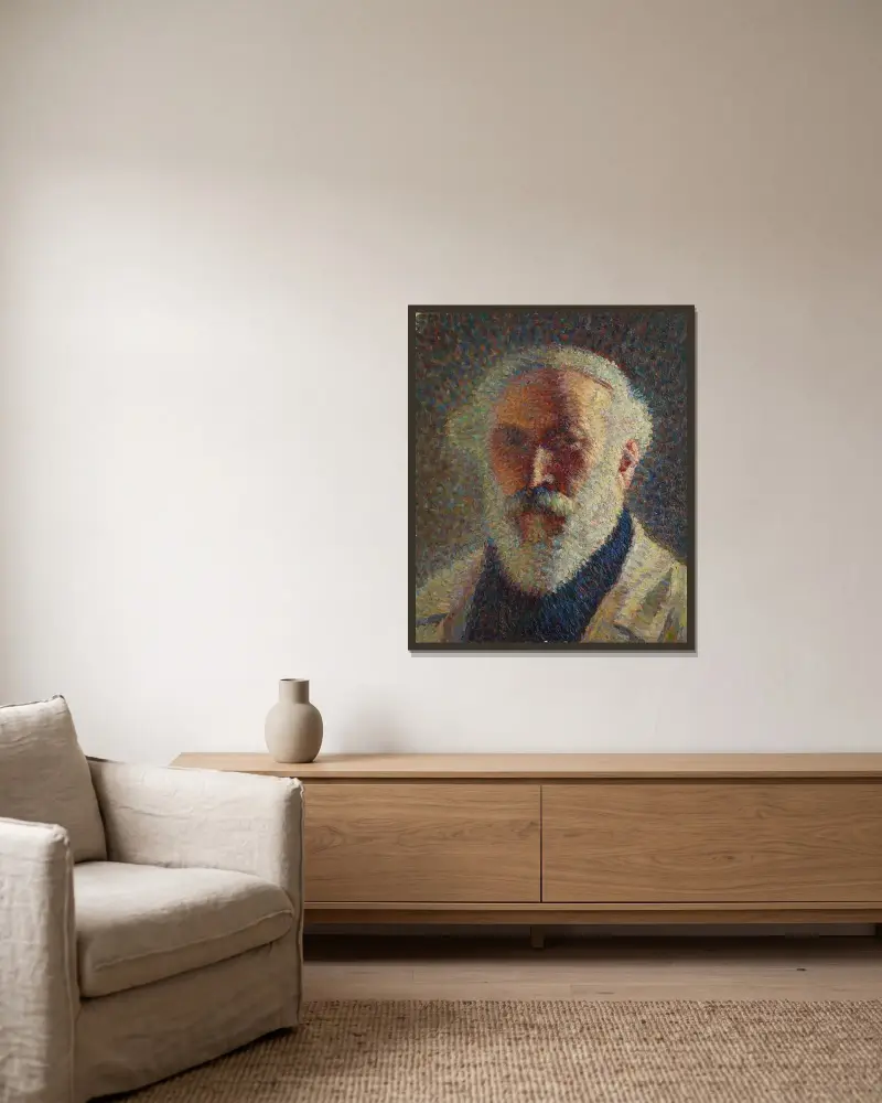 Självporträtt med vitt skägg av Henri Martin inramad på en vägg