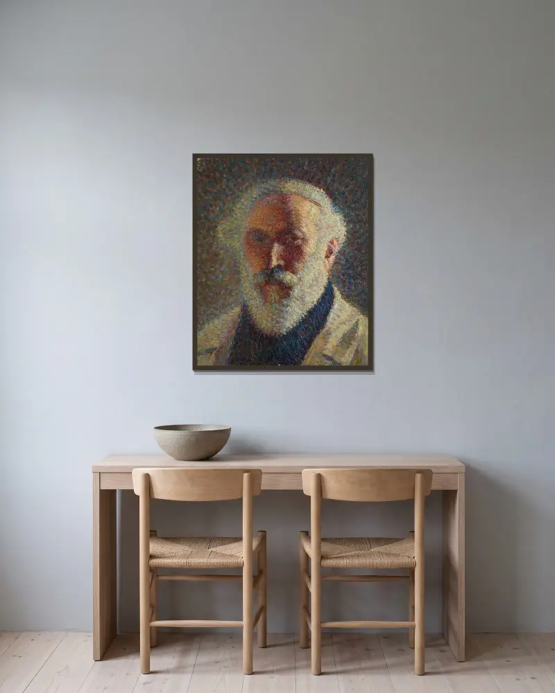 Självporträtt med vitt skägg av Henri Martin inramad på en vägg
