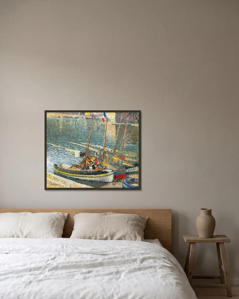 Båtar vid Collioure (14 juli) av Henri Martin inramad på en vägg