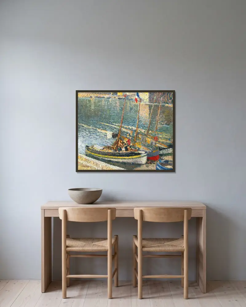 Båtar vid Collioure (14 juli) av Henri Martin inramad på en vägg