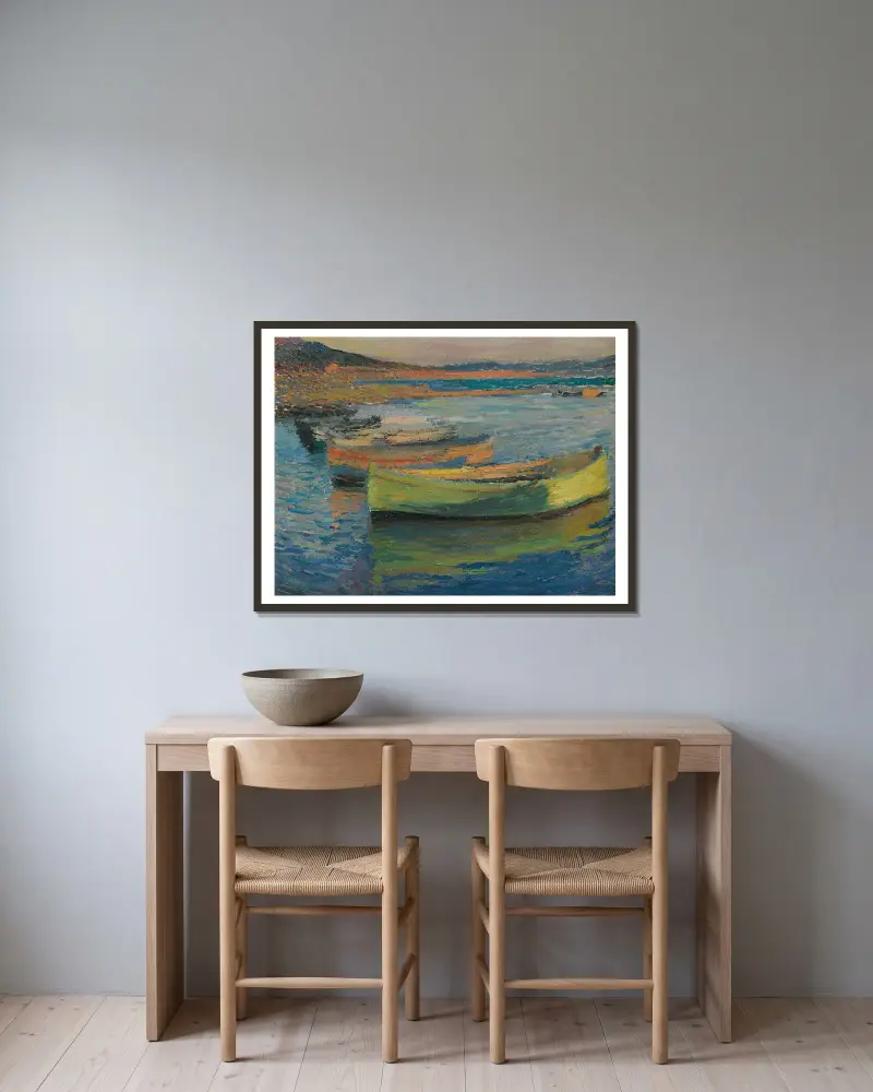 Barques Aux Environs De Collioure av Henri Martin inramad på en vägg