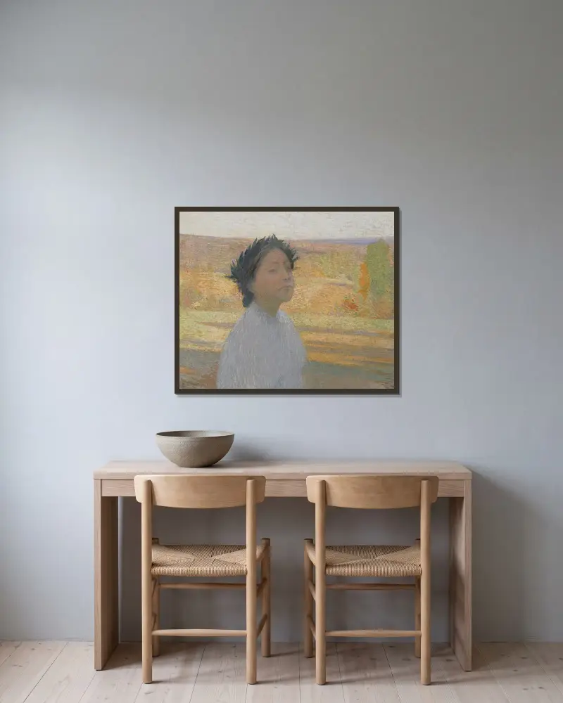 Byst av ung flicka med lagerkrans av Henri Martin inramad på en vägg