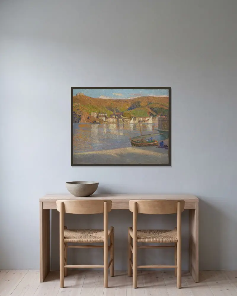 Fem fiskare och deras strandade båt i Collioure av Henri Martin inramad på en vägg