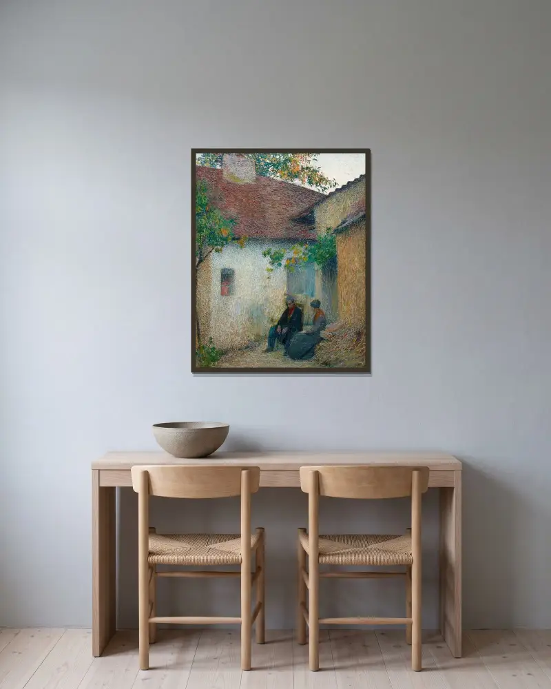 Par i samtal framför gården av Henri Martin inramad på en vägg