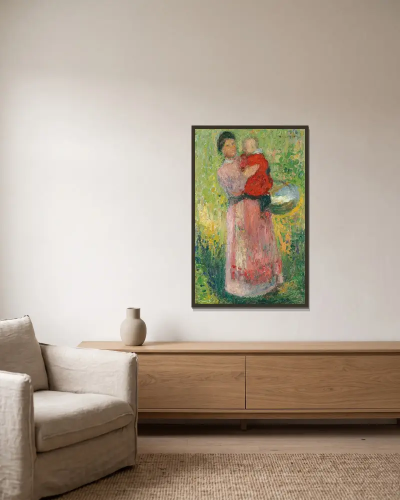 Kvinna bärande ett barn i rött av Henri Martin inramad på en vägg