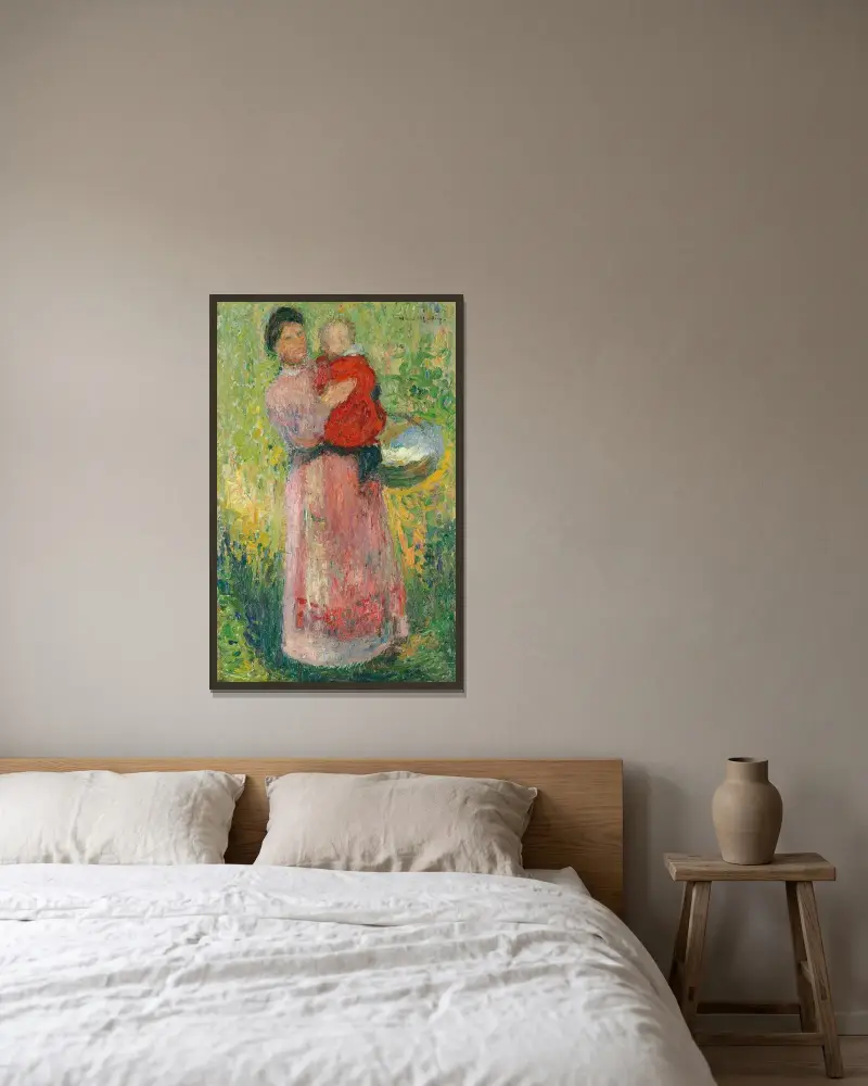 Kvinna bärande ett barn i rött av Henri Martin inramad på en vägg