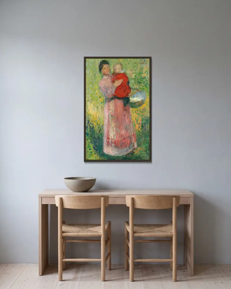 Kvinna bärande ett barn i rött av Henri Martin inramad på en vägg