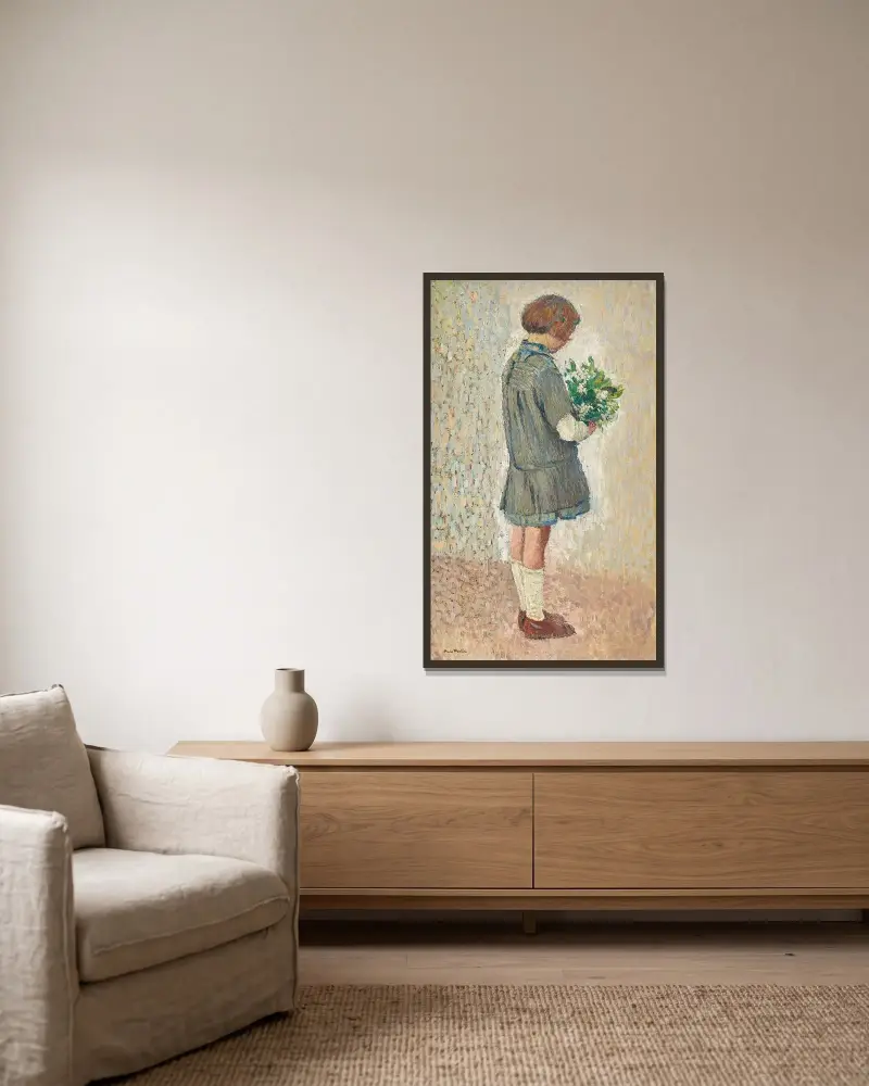 Flicka med skolförkläde och bukett av Henri Martin inramad på en vägg