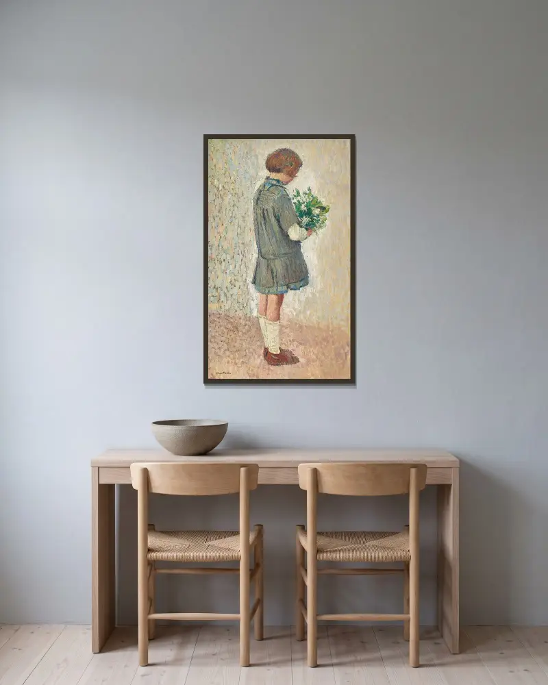 Flicka med skolförkläde och bukett av Henri Martin inramad på en vägg
