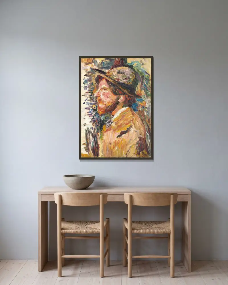 Mansbyst i profil av Henri Martin inramad på en vägg