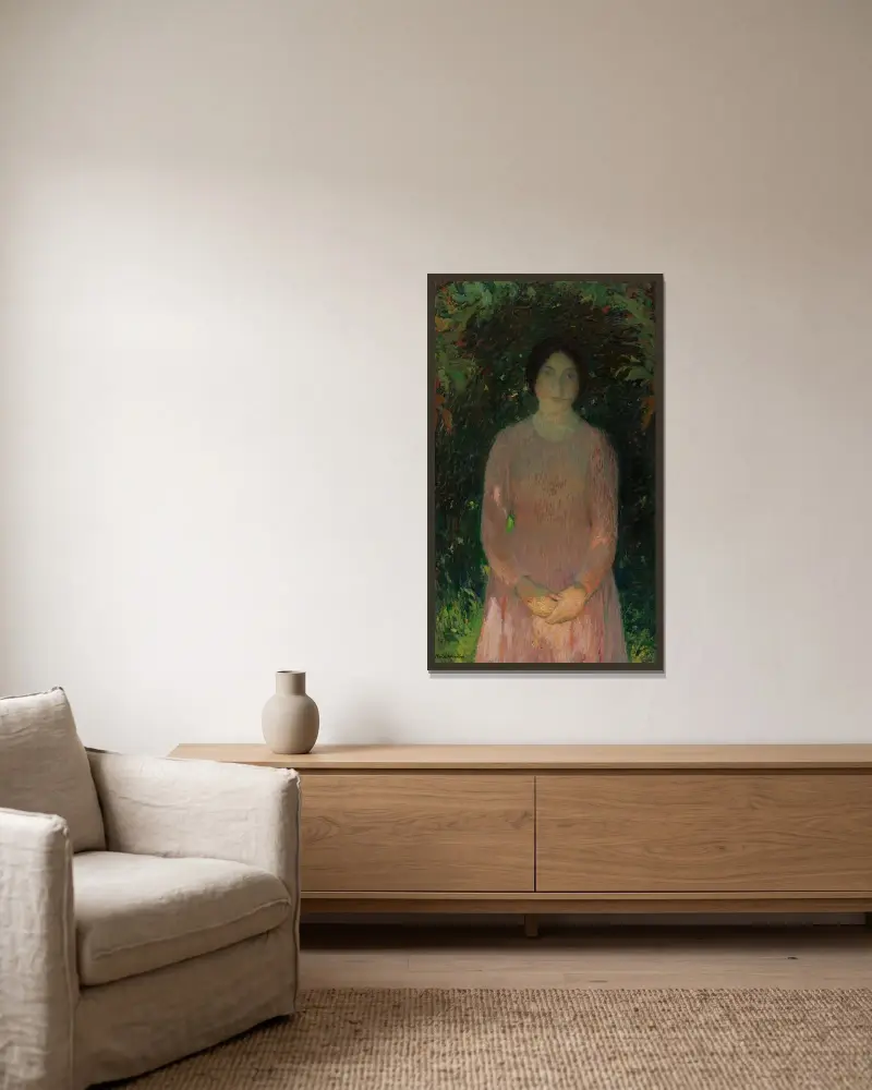Ung flicka i rosa under en lövvalv av Henri Martin inramad på en vägg