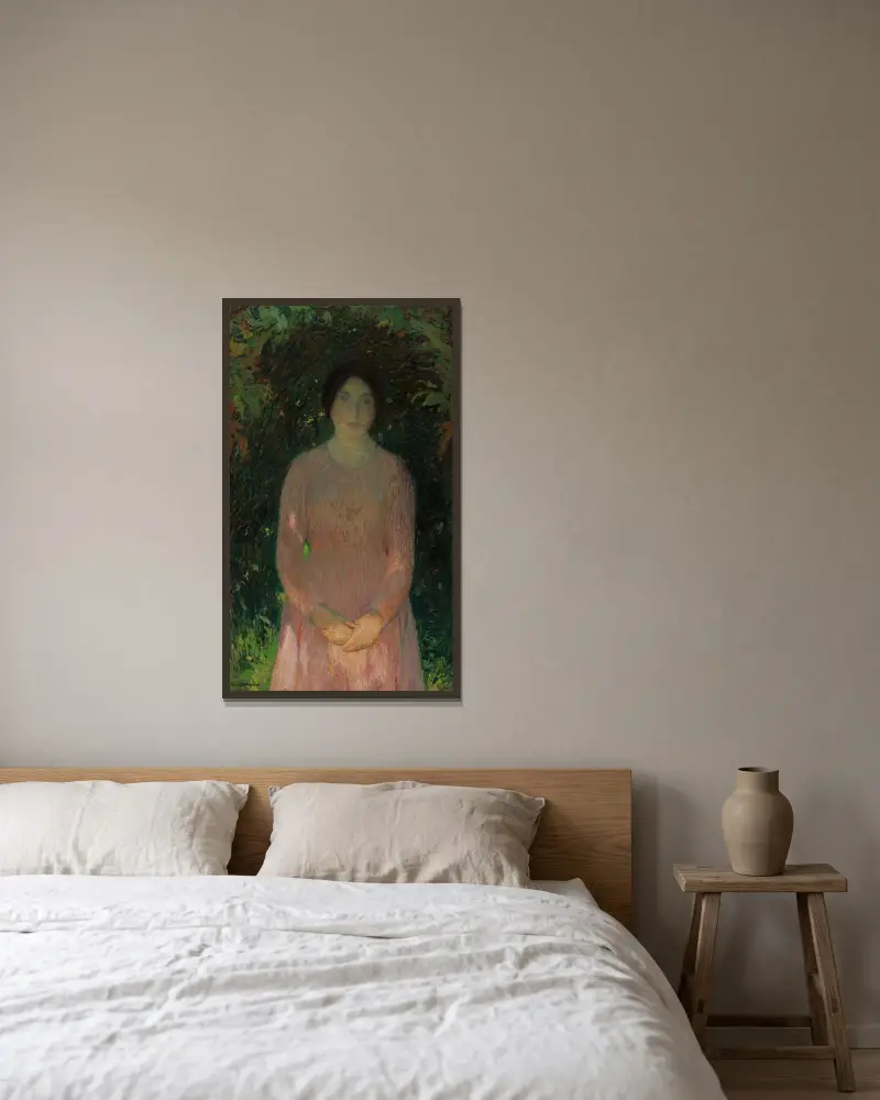 Ung flicka i rosa under en lövvalv av Henri Martin inramad på en vägg