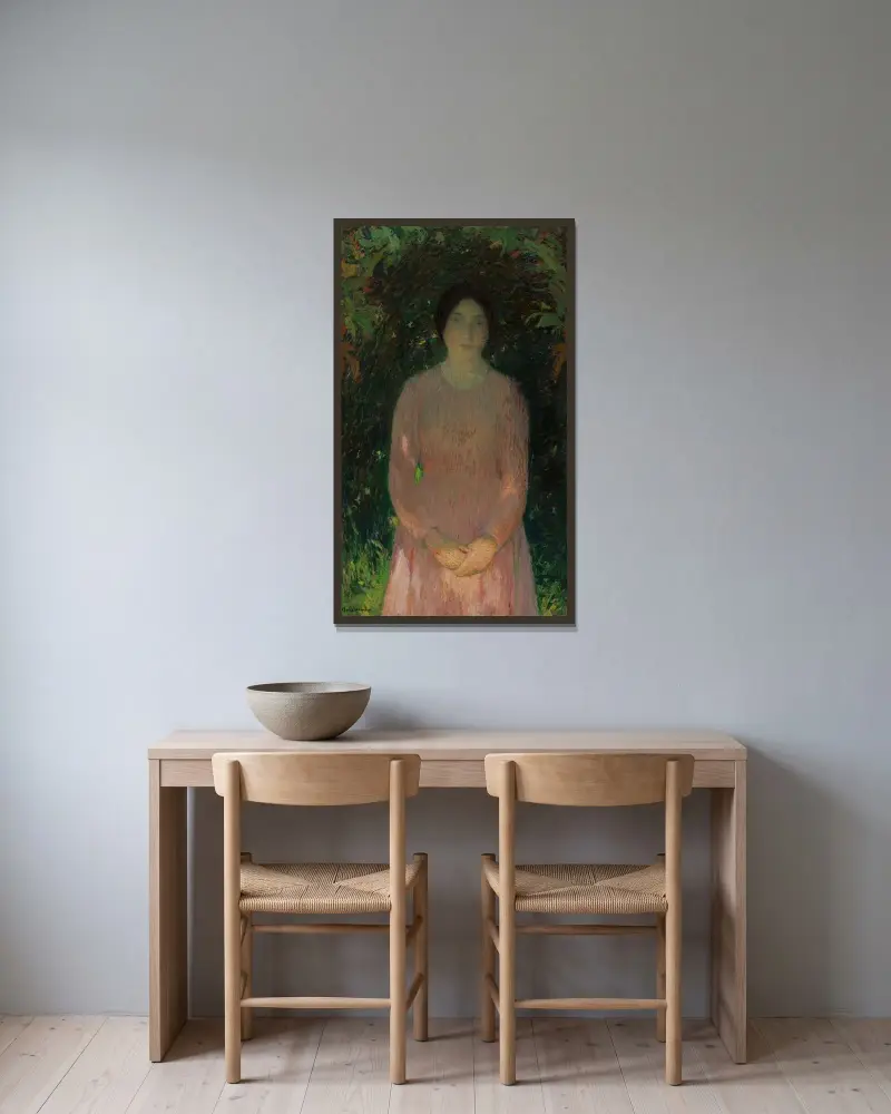 Ung flicka i rosa under en lövvalv av Henri Martin inramad på en vägg