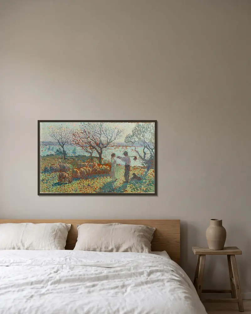 Herden och bonden, kvällsmöte av Henri Martin inramad på en vägg