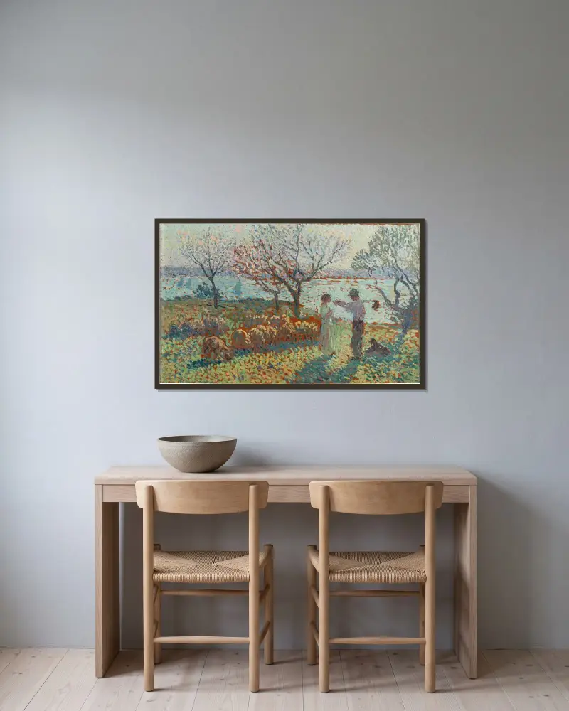 Herden och bonden, kvällsmöte av Henri Martin inramad på en vägg