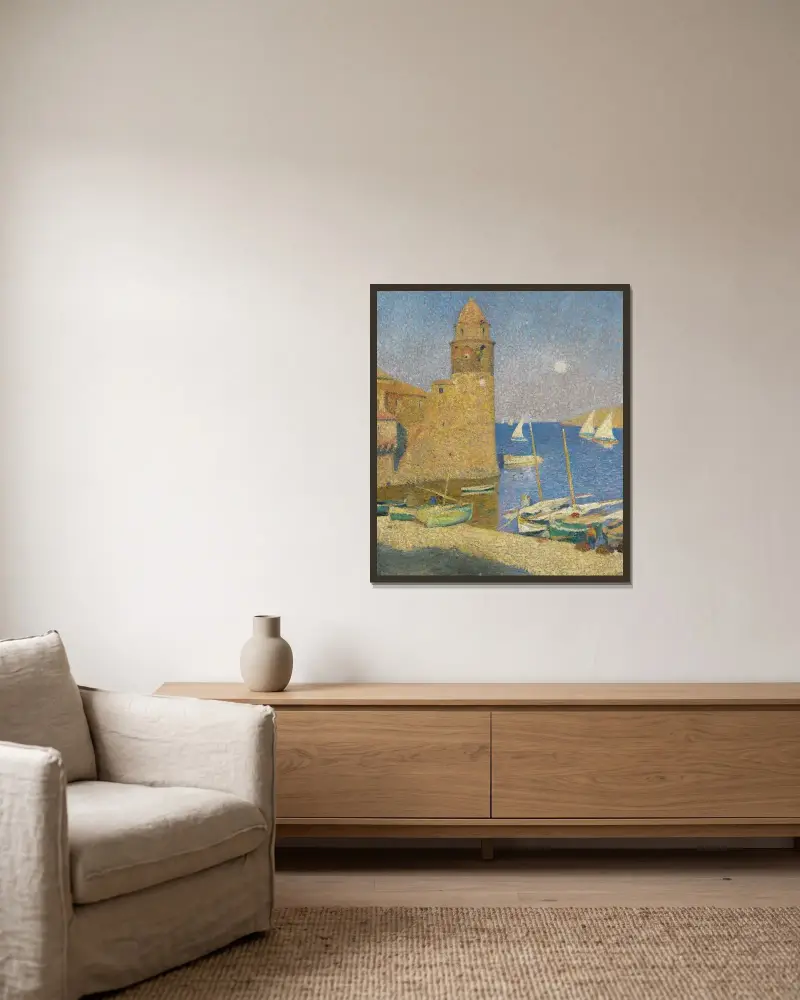 Tornet i Collioure, månuppgång av Henri Martin inramad på en vägg