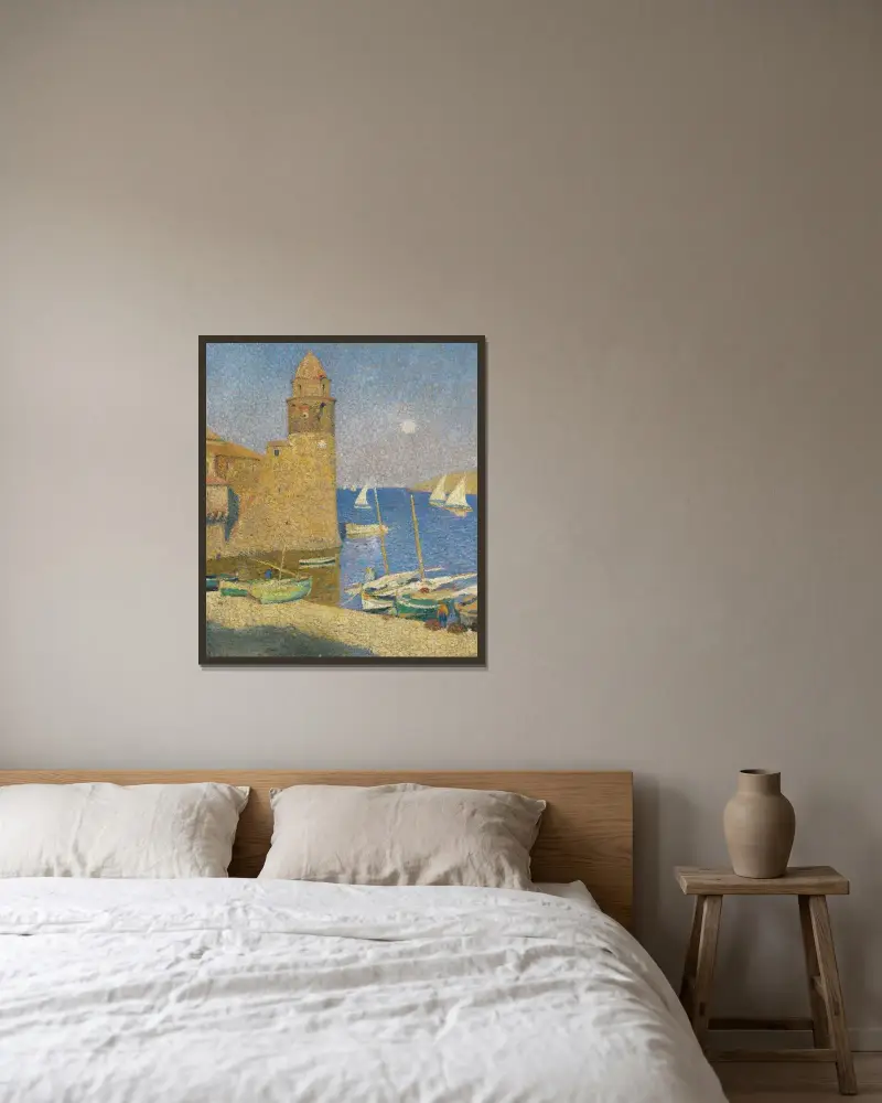 Tornet i Collioure, månuppgång av Henri Martin inramad på en vägg