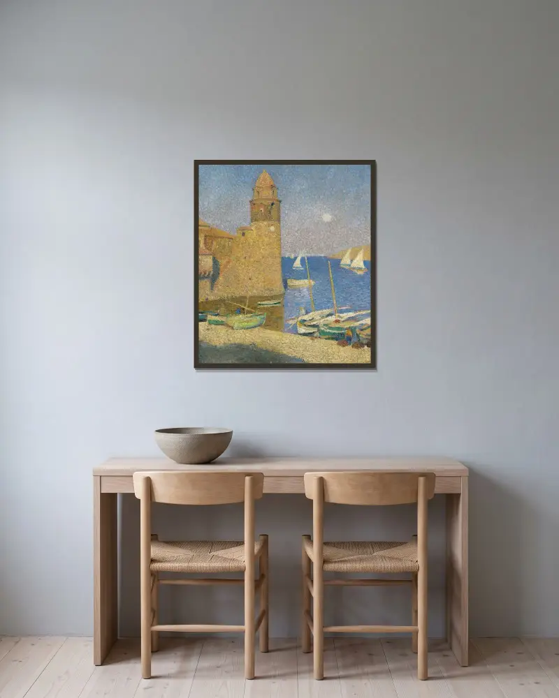 Tornet i Collioure, månuppgång av Henri Martin inramad på en vägg