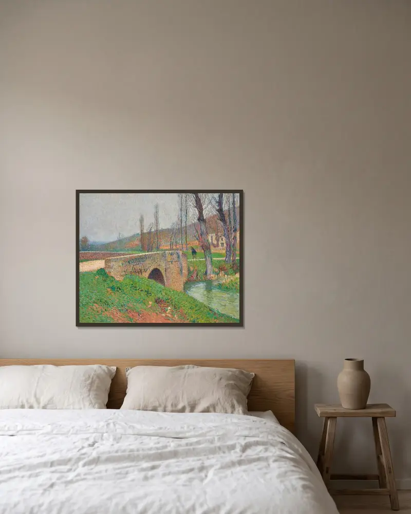 Bron, gråväder av Henri Martin inramad på en vägg